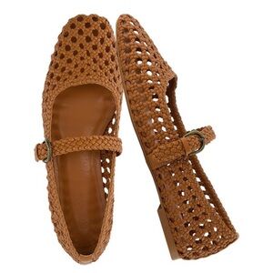 Cushionaire Woven Dressy Ballet Weston Flats with strap Fx Leather Cognac 8.5